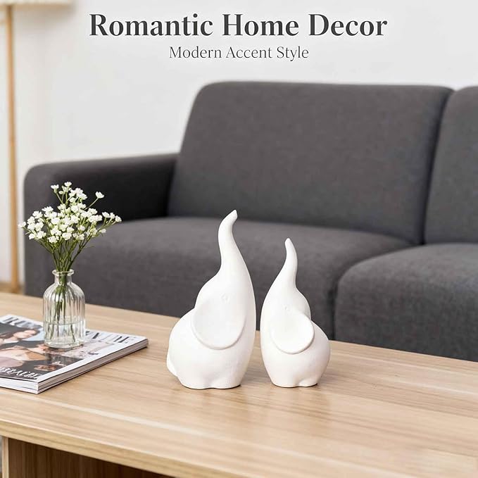 Ceramic Elephant Figurines with Trunk Up, Pair Couples Loving Elephant Statue, Small Figurines Sculpture African Home Decor, Valentine Elephants Gifts for Women, Wedding Knick Knacks（White）