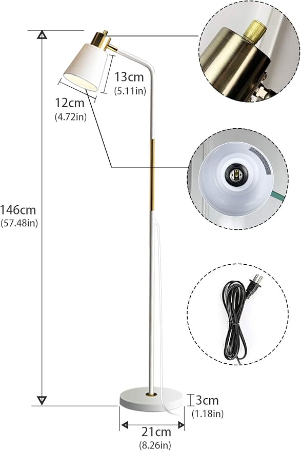 Floor Lamp, Industrial Floor Lamps for Living Rooms Rustic Farmhouse Reading Standing Floor Lamp Adjustable Metal Heads Indoor Task Lighting for Living Room Bedroom Office Home Décor (White)