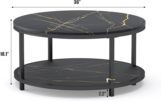 WiberWi Round Coffee Table Black Coffee Tables for Living Room 35.8" Faux Marble Top Circle Table Furniture Sturdy Metal Frame Legs Cocktail Table with Storage Open Shelf