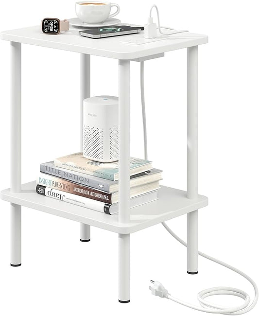 Apicizon 2 Tier End Table, Small Side Table with Charging Station, Boho Bedside Table with USB Ports and Outlets, Nightstand for Small Spaces, Bedroom, Living Room, Entryway, Easy Assembly, White