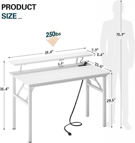 DlandHome Computer Desk 39’’ with LED Lights & Power Outlets,Folding Desk with Monitor Stand, Writing Desk Home Office Desk, Fully Assembled,White