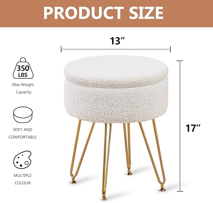 Wimarsbon Storage Ottoman,Teddy Velvet Vanity Stool,Soft Padded Seat,Round Footrest with Removable Cover and Adjustable Legs,Modern Decorative Accent Footstool or End Table for Hallway (White)