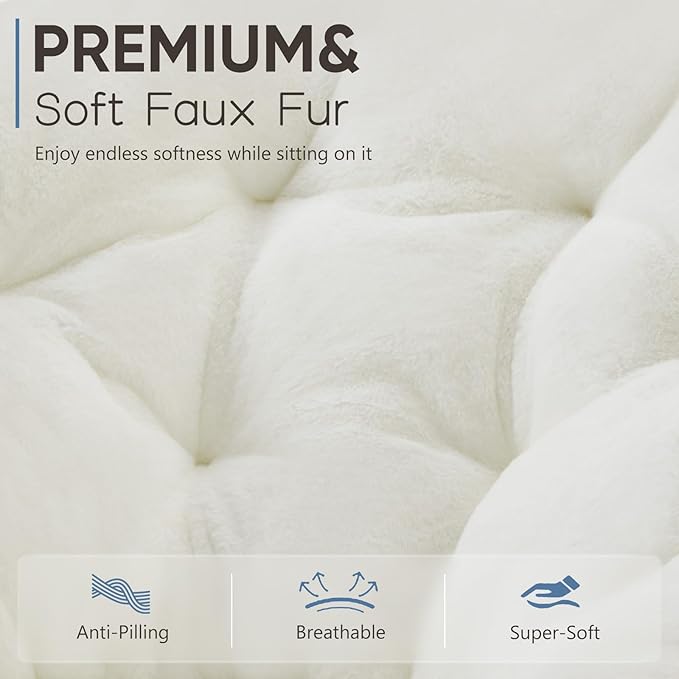 DUMOS Saucer Chair for Adults, Teens, Faux Fur XL Circle Chair for Bedroom, Dorm & Gaming, Foldable Comfy Accent Seat for Small Spaces, Oversized Style Thick Padded Meatal Frame, Ivory