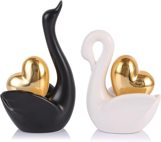 Loving Swan Figurine with Gold Heart Statue, Ceramic Animal Regalos Para Parejas, Cute Figurines Pottery Gifts for Anniversary, Couple Swan Sculpture for Women Dresser Knick Knacks Shelves Show Pieces