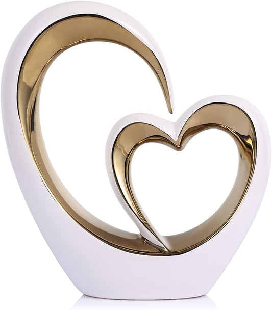 White Gold Ceramic Heart Statues - Abstract Home Sculptures for Bedroom, Wedding, Valentine Decor & Gifts for Women (Loving Hearts - Circular)