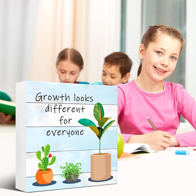 LVQHI Inspirational Wood Block Sign,Growth Looks Different for Everyone Plant Motivational Wooden Block Sign for Home Bedroom Office Desk Table Decor,Inspirational Cheer Up Gift Grain-Blue