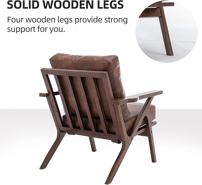 INZOY Mid-Century Modern Accent Chair Set of 2, PU Leather Living Room Chair and Soft Thick Padded Armchair for Living Room Bedroom Reception with Removable Upholstered Cushions, Reddish Brown