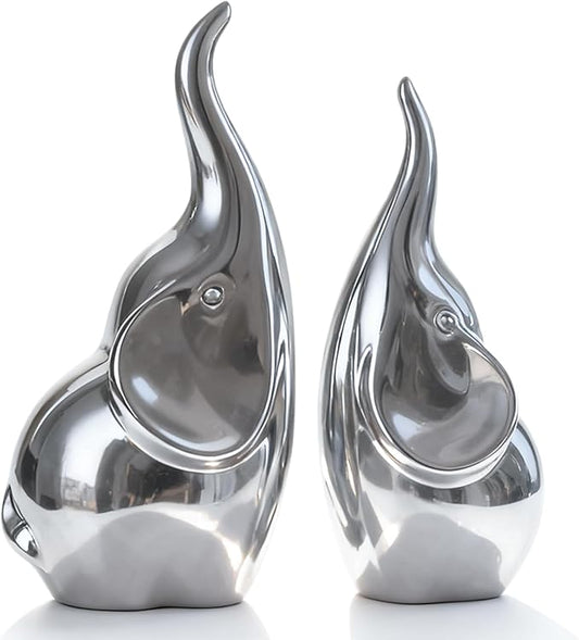 Ceramic Elephant Figurines with Trunk Up, Pair Couples Loving Statue, Small Figurines Sculpture African Home Decor, Valentine Elephants Gifts for Women, Wedding Knick Knacks(Silver
