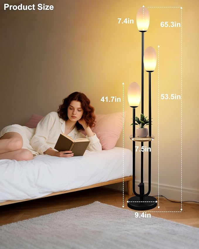 Lightdot Black Dimmable Floor Lamp with Table, 63IN Mid-Century Oval Floor Lamps with 3000K Soft Warm White Bulbs, 3-Lights Candle Holder Style Modern Tall Standing Lamp for Living Room