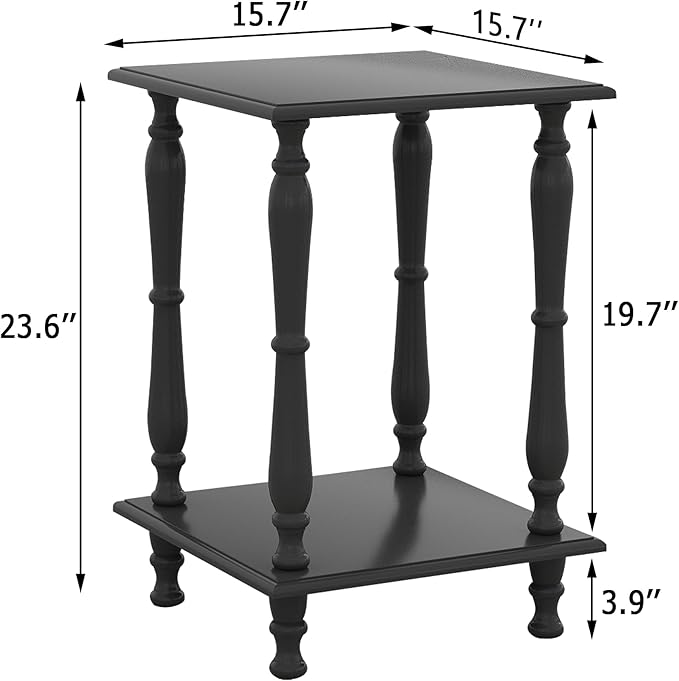TaoHFE Square Black French Style End Side Table with Open Shelf Retro Vintage 2-Tier Bedside Table for Living Room Small Space