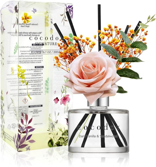COCODOR Rose Flower Reed Diffuser/Dark Vanilla&Sandalwood/6.7oz/1Pack / Home Fragrance Scent Essential Oil Stick Diffuser for Bedroom Bathroom Home Décor