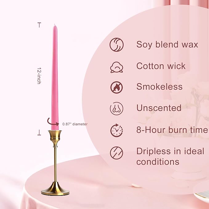 12-Inch Assorted Pink Taper Candles, 6-Pack Smokeless Dripless Long Candlesticks, Unscented Tapered Dinner Candles for Home, Wedding, Party, and Romantic Decor