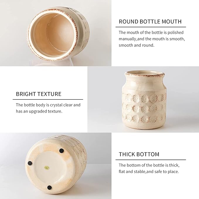 Ceramic Flower Vases for Home Decor Rustic Ideal Shelf Decor Table Décor, 6 Inch Ceramic White Vase for Flowers, Neutral Cream Vases for Mantel, Shelf, Living Room, Table Decoration, Beige