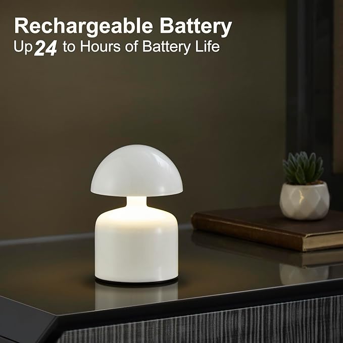 Modern Cordless Mushroom Small Table Lamp Touch LED Lamps, 3-Way Dimmable Bedside Nightstand Lamp Mini Rechargeable Night Light for Bedroom, Living Room (White)