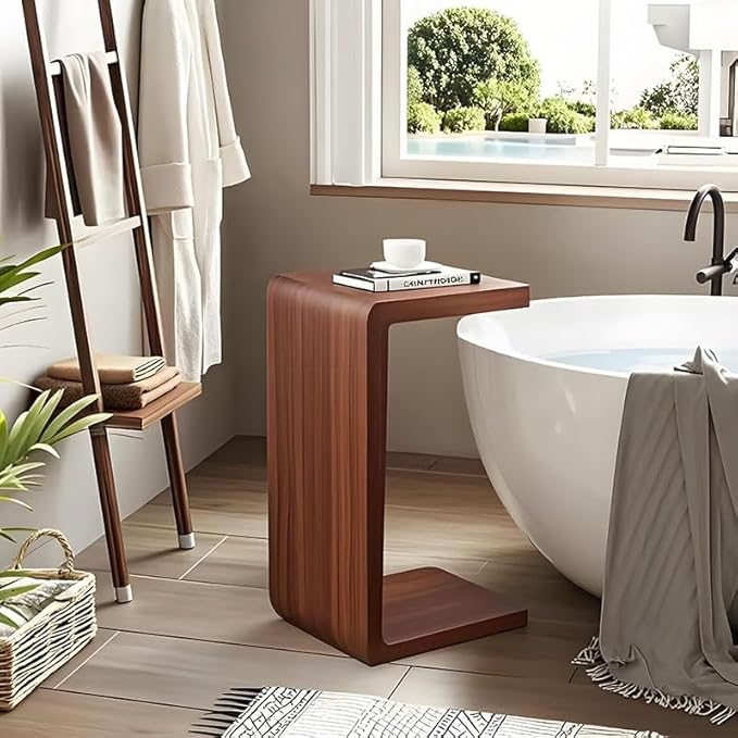 CHSSIH C Shaped End Table for Couch - Wooden Sofa Side Table, Slide Under Couch Table for Living Room, Bedroom, Laptop, Coffee, Small Space Narrow Furniture, Walnut