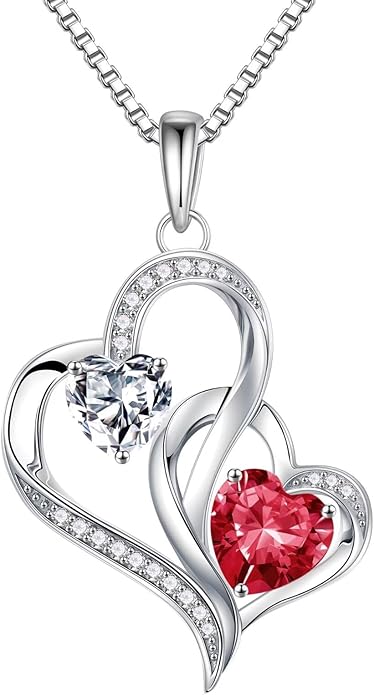 Iefil Christmas Gifts for Women - Double Heart Birthstone Necklace, 925 Sterling Silver Heart Pendant Necklace, Anniversary Birthday Gifts for Women | Personalized Jewelry Gift for Wife Mom Girlfriend