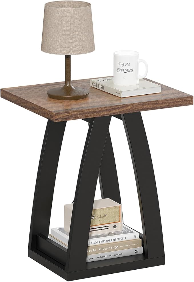 End Tables Living Room. Side Table Beside Sofa. Modern End Table for Living Room. Couch Side Table with Shelf. Black-Brown Wood Side Tables