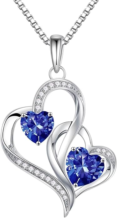 Iefil Christmas Gifts for Women - Double Heart Birthstone Necklace, 925 Sterling Silver Heart Pendant Necklace, Anniversary Birthday Gifts for Women | Personalized Jewelry Gift for Wife Mom Girlfriend