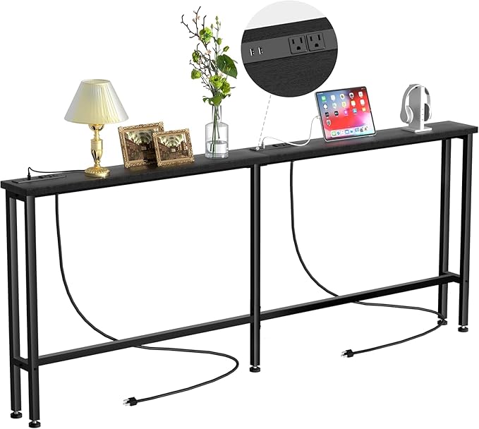 102" Narrow Console Sofa Table - 2 Power Outlets & 4 USB Ports, Metal Frame, Black, Perfect for Hallway, Office, and Behind Sofa - Easy Assembly, 4.9' Extension Cord Included