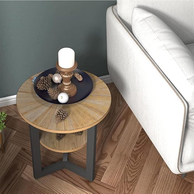 Round End Table with Storage Shelf, 19.29in Circel Accent Side Table with Black Metal Legs, 2-Tier Wood Round Sofa Side Table for Living Room Bedroom, Yellowish Brown-BZ