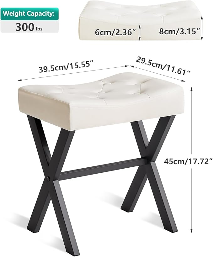 IBUYKE U-Shaped PU Vanity Stool, Square Makeup Chair with X-Leg, Ottoman Seat Footrest Stool, Multi-Use as Small Side Table, for Bedroom, Living Room, White WBD019W