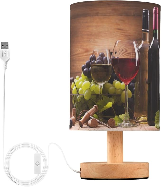 Table Lamp Red and White Wine in Glass Fruit Grape on Wooden Nightstand Lamp with Wood Base Fabric Lamp Shade Bedside Desk Lamp for Living Room Bedroom Kids Room Office