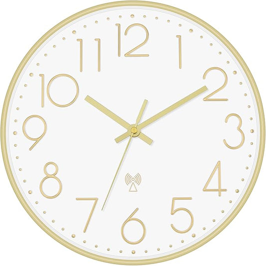 Foxtop Atomic Wall Clock Battery Operated Round Analog Modern Wall Clock Sets Automatically for Office Classroom Bedroom Kitchen Living Room (Gold)