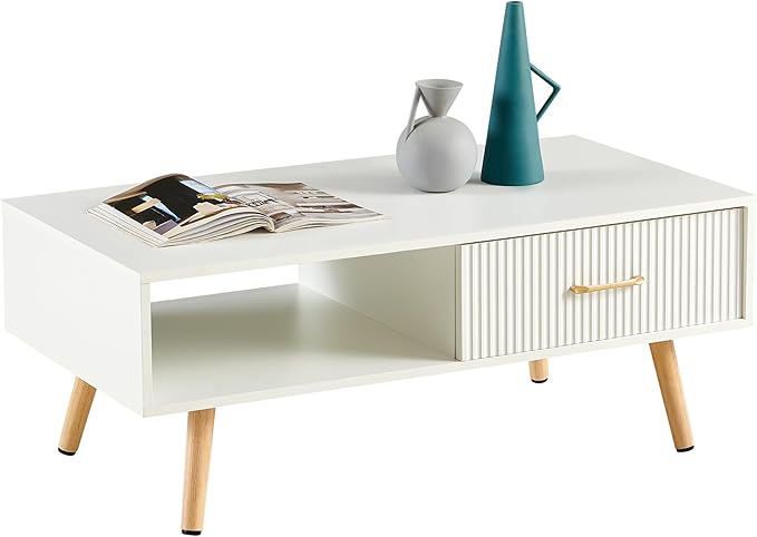 IANIYA Boho Coffee Table with Storage, Dining Table with Rattan Drawer and Solid Wood Legs, Small Center Tables for Living Room Small Space(All White)