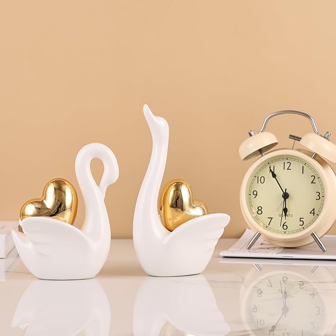 Loving Swan Figurine with Gold Heart Statue, Ceramic Animal Regalos Para Parejas, Cute Figurines Pottery Gifts for Anniversary, Couple Swan Sculpture for Women Dresser Knick Knacks Shelves Show Pieces
