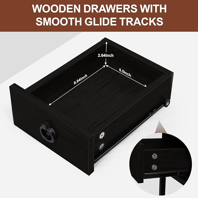 Small Black Side Table Charging Station for Bedroom, Narrow Black Living Room End Tables with Storage, Skinny USB Nightstand with Outlet, Gaming Coffee Table for Couch with USB Ports