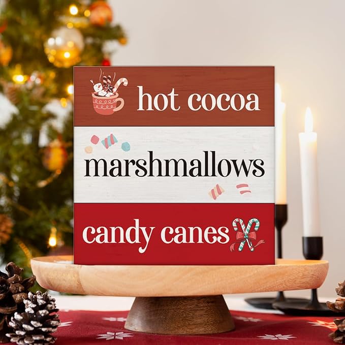 Hot Cocoa Bar Winter Decorations Indoor - Christmas Decor, Hot Cocoa Chocolate Bar Wooden Sign, Home Decor for Desk Table Shelf 5 X 5 Inches