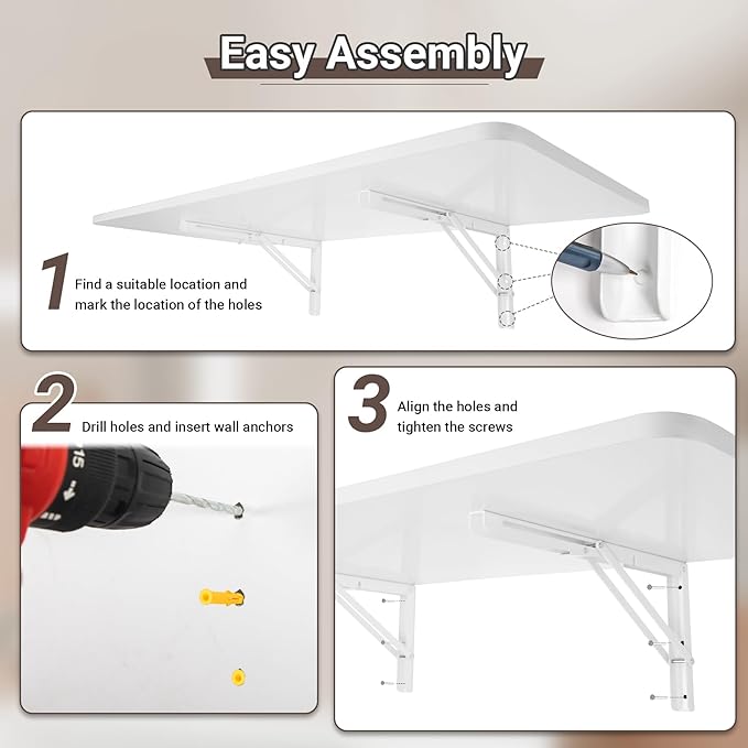 Wall Mounted Folding Table 47.2”L x 19.7”W, Laundry Folding Table with Heavy Duty Metal Collapsible Shelf Brackets, Wall Mounted Desk Fold Down for Small Spaces, White