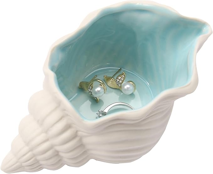Jewelry Dish Tray For Coastal Beach Room Decor,Cute Ceramic Ring Holder Gift For Women Sister Mom Friend ,Decorative Trinket Jewelry Organizer Tray For Rings Earrings Necklaces ets (Blue conch)