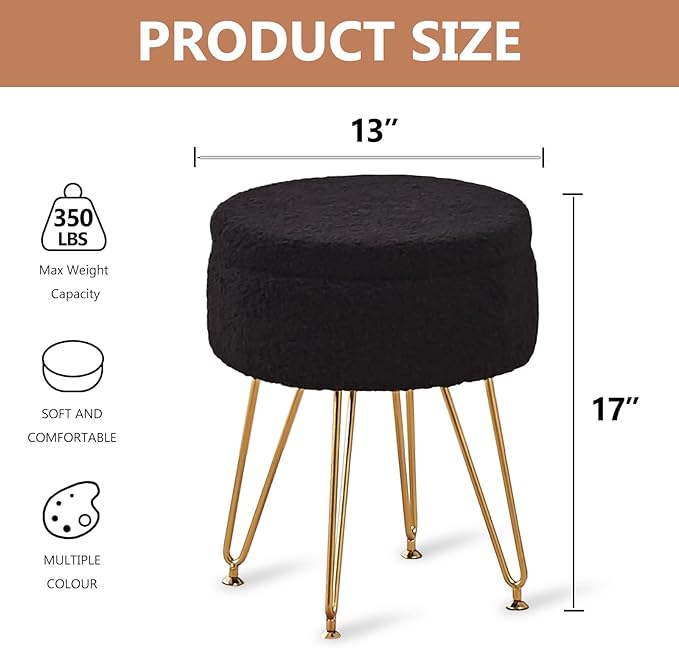 Wimarsbon Storage Ottoman,Teddy Velvet Vanity Stool,Soft Padded Seat,Round Footrest with Removable Cover and Adjustable Legs,Modern Decorative Accent Footstool or End Table for Hallway (Black)
