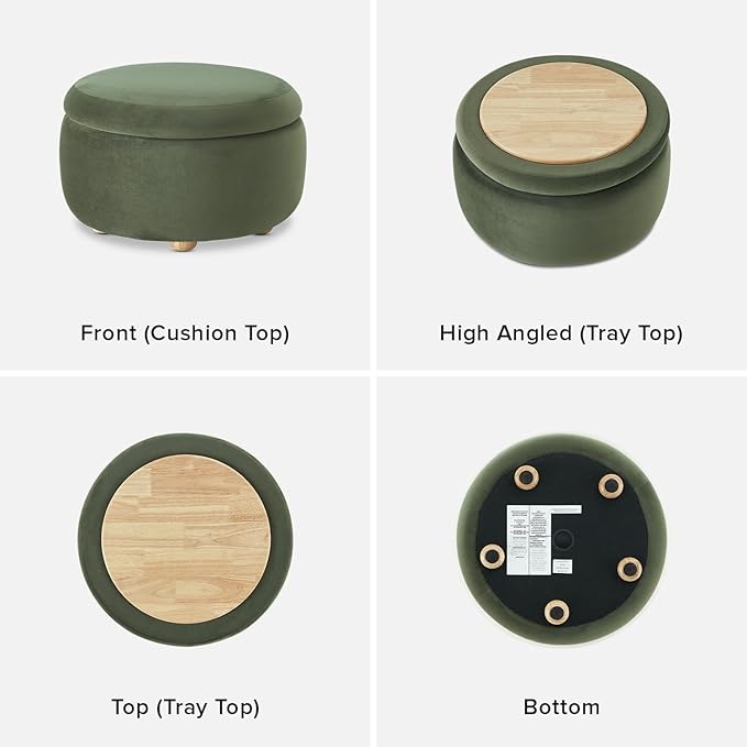 mopio Luna Round Ottoman with Storage and Tray, Round Coffee Table with Storage, Upholstered Foot Stools Ottoman for Living Room, Bedroom, with Solid Rubberwood Legs (Olive Green Premium Velvet)