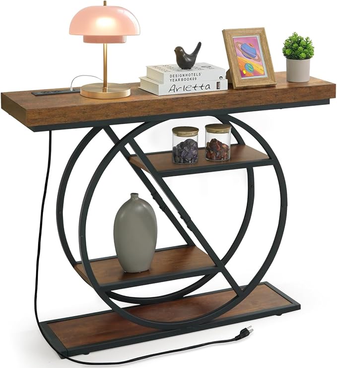CAPHAUS 41” Unique Design 4-Tier Industrial Thick Sofa Console Table w/Storage & Charging Station, Entrance Tableau w/ 2 Outlets, USB & Type-C Ports for Living Room, Hallway, Rustic, Hourglass