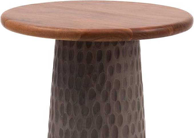 Mid-Century Farmhouse Design Hand-Carved Pedestial Solid Mango Wood Accent Drink Table, Small Round Side Table with Round Natural Top for Living Room, Bedroom or Entryway, Gray, Assembled