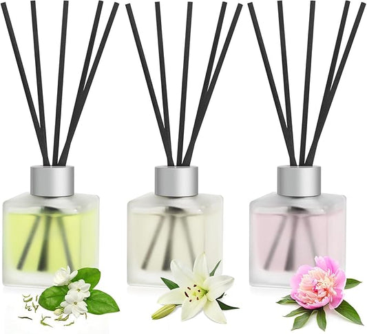 3-Pack Reed Diffuser, Jasmine White Tea/Lily/Peony Scented Oil, Flower Aroma Essential Oil with Diffuser Sticks, Long Lasting Bathroom Air Freshener, Home Fragrance for Room Decor