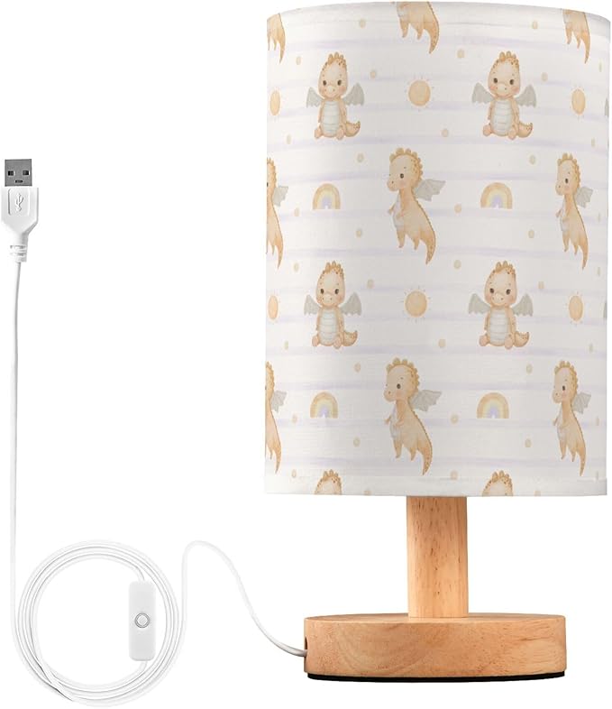 Table Lamp Watercolor Baby Dragon Rainbow Striped Pattern Nightstand Lamp with Wood Base Fabric Lamp Shade Bedside Desk Lamp for Living Room Bedroom Kids Room Office