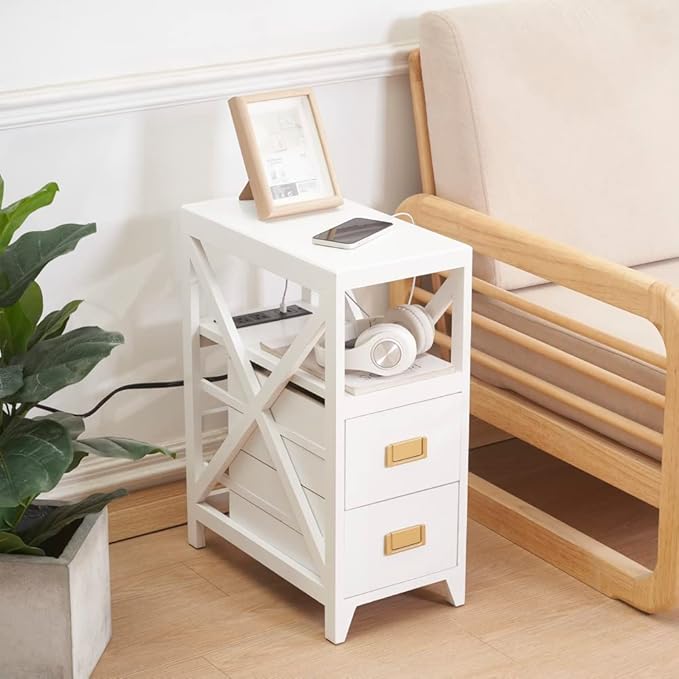 Fully Assembled Narrow Side Table with Charging Station, No Assembly Narrow Nightstand with USB Ports, Pre Assembled Skinny End Table with Outlets for Living Room, Bedroom-White