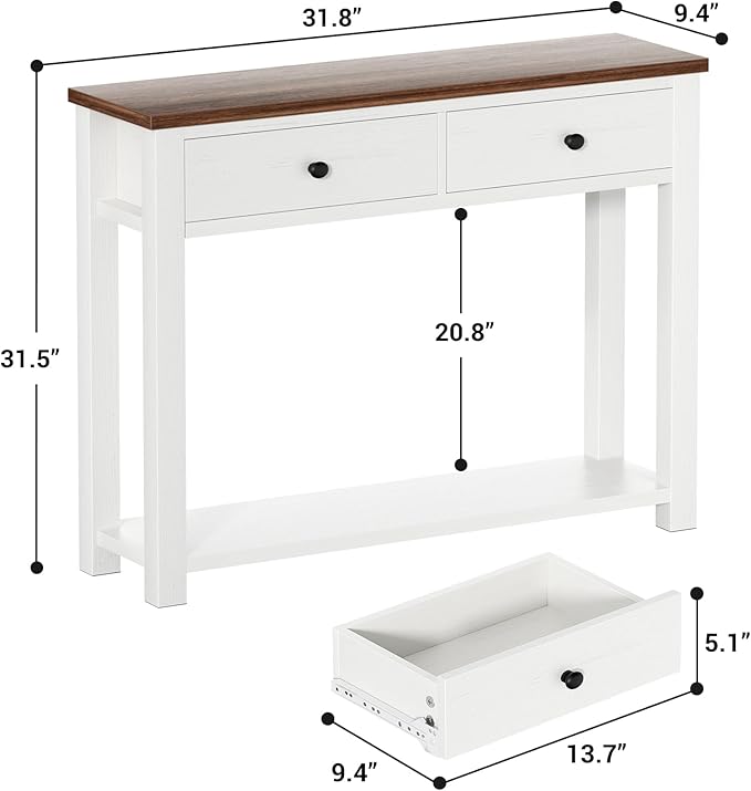 Homieasy Farmhouse Console Table with 2 Drawers, 32 Inch Small Sofa Table with Storage Shelf for Living Room, Behind Couch, Entryway Table for Hallway, Living Room, or Foyer, Rustic Brown and White