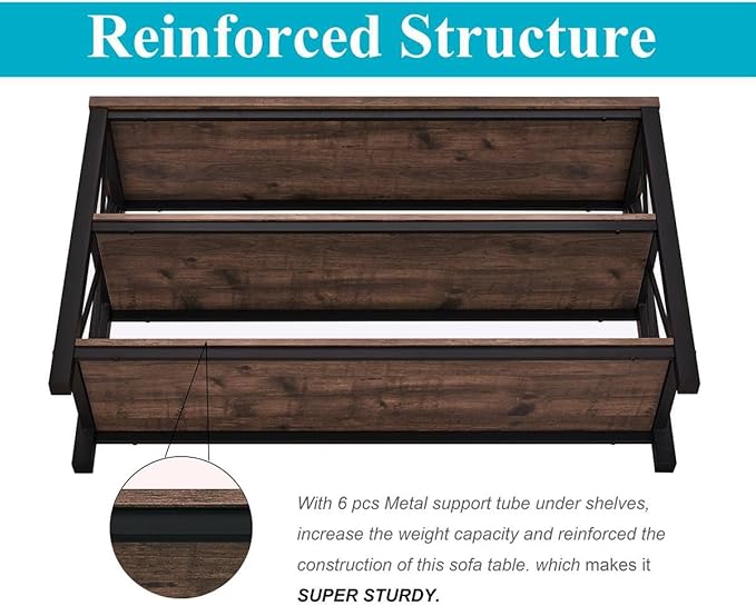 BON AUGURE Rustic Console Table Behind Couch, Industrial Entryway Table with Shelves, Farmhouse 3 Tier Sofa Tables for Living Room, Entry, Hallway (47 Inch, Rustic Oak)