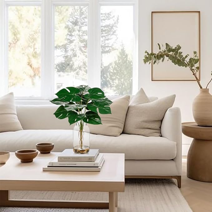 DILATATA Artificial Monstera Stems in Glass Vase with Faux Water and Real Stones 13" Fake Greenery Plant Monstera Leaves for Home Office Farmhouse Bathroom Bedroom Kitchen Table Centerpiece Decor
