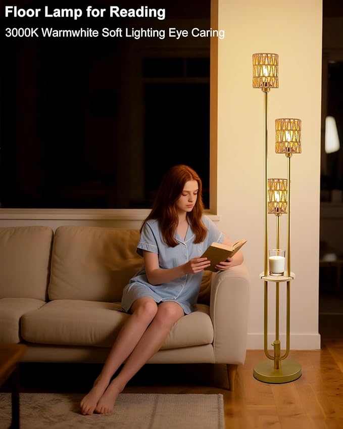 Lightdot Dimmable Boho Floor Lamps with Table, 3-Lights Rattan Floor Lamp with Shelves, 3000K Warmwhite Candle Holder Style Farmhouse Floor Lamp, Rustic Gold Standing Lamp for Living Room Bedroom
