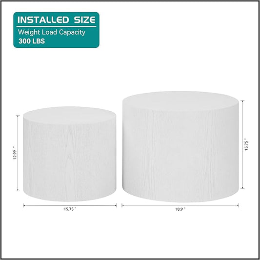 kevinplus Wood Nesting Table Round Small Coffee Tables Side Table End Table Set of 2 for Living Room Bedroom Office, No Assembly, White with Wood Grain