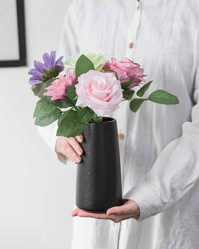 Matte Black Vase - 8" Big Black Ceramic vase for Flower, Simple Vases for Pampas Grass, Minimalist Farmhouse Boho vases for Centerpieces, Home Decor, Bathroom Decor