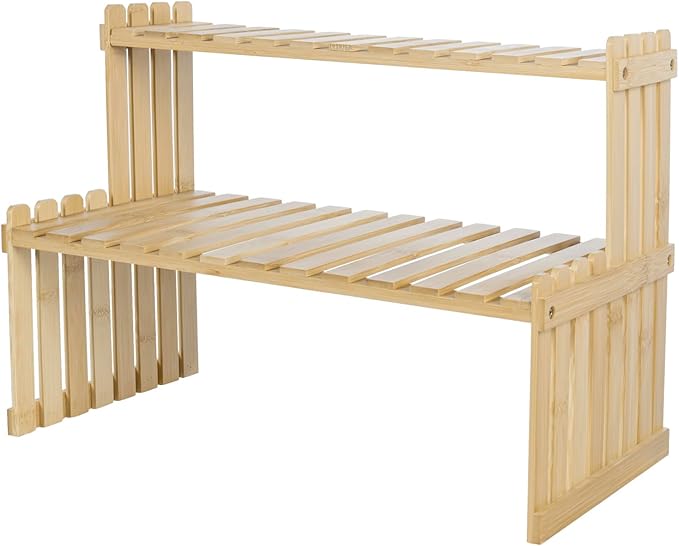 MyGift Natural Bamboo Indoor Plant Stand for Desk, 2 Tier Desktop Shelf Organizer Rack with 2 Slatted Shelves