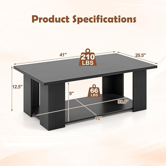 Giantex Rectangle Wood Center Table, 41" L 2-Tier Large Modern Tea Table w/Open Compartment, Easy Assembly, Accent Coffee Table for Living Room, Reception Room, Black