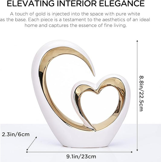 LCCCK Porcelain Double Heart Decor,White and Gold Sculpture Home Decor for Living Room Entryway Coffee Dining Table Shelves, Wedding Anniversary, Valentine's Gift for Couples & Lovers Modern