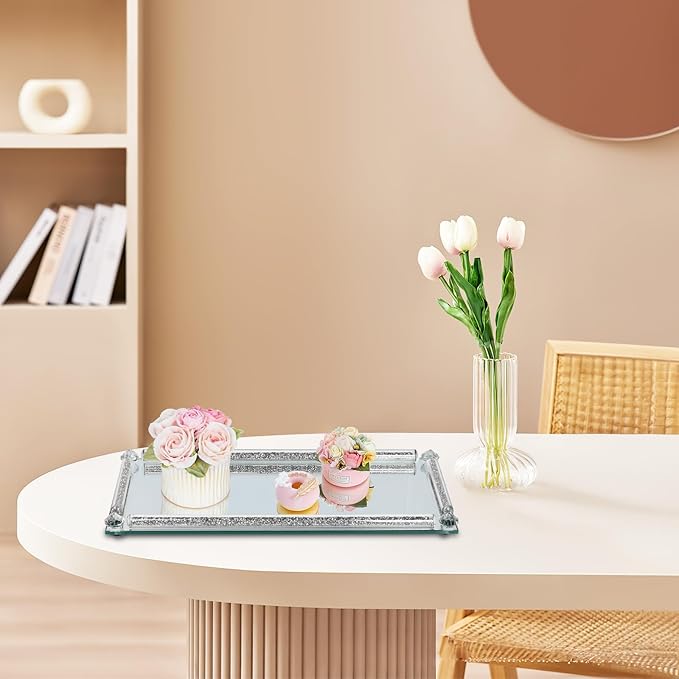 Mirror Perfume Tray for Dresser,Crushed Diamond Filled Glass Vanity Tray, Silver Decorative Bathroom Tray,Crystal Tray for Home Decorative,Party,Hotel Banquet,15.4x7.5x1inch